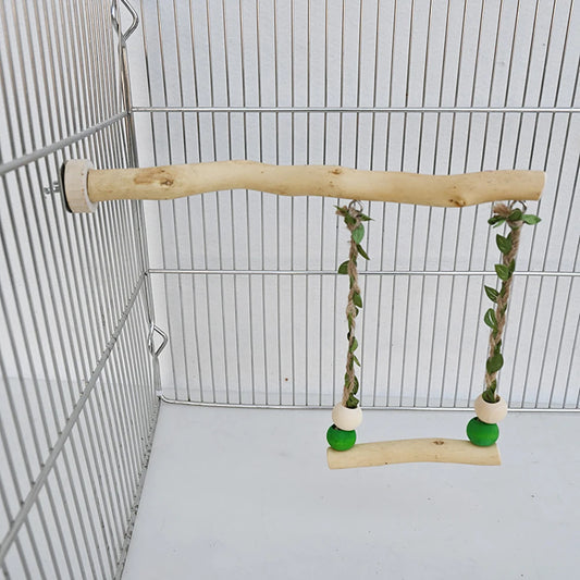 Houten vogelstandaard met schommel en slijpspeeltje