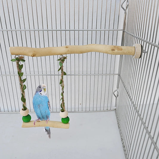 Houten vogelstandaard met schommel en slijpspeeltje